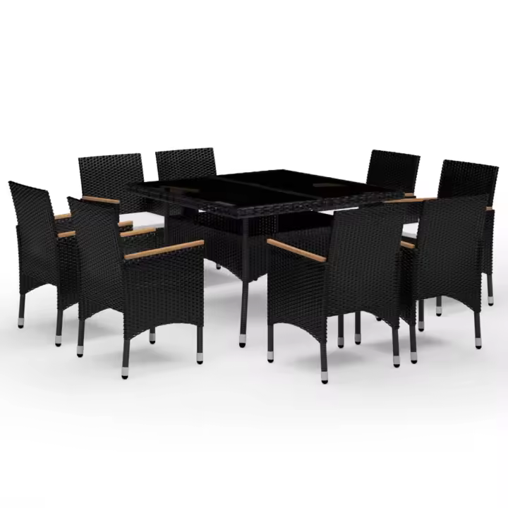 vidaXL Set de comedor de jardín 9 pzas ratán PE vidrio templado negro - 1