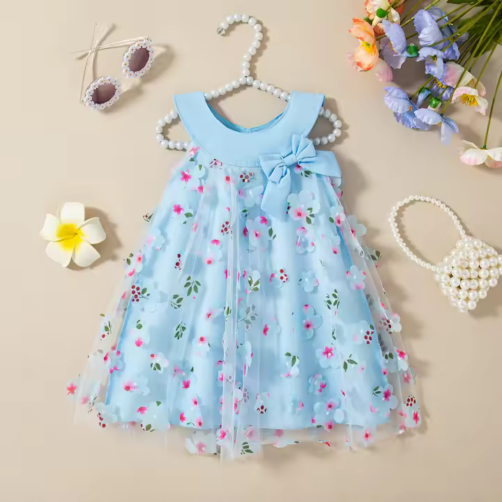Vestido De Princesa Sin Mangas Para Bebés Niñas Con Flores En Malla Para El Verano 0-3 Años Vestido Lindo Y Cutes Para Niñas - 1