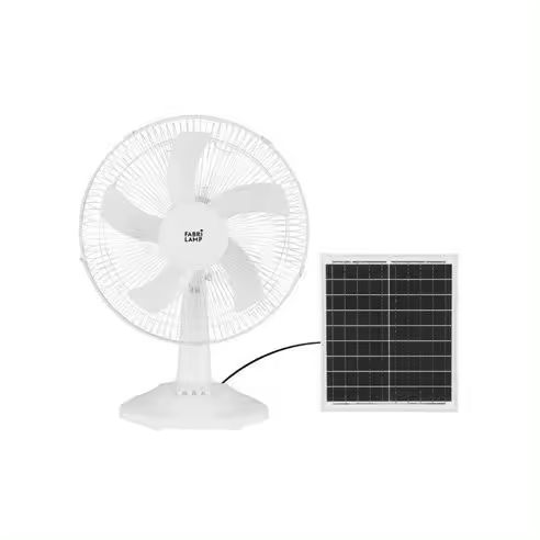FABRILAMP Ventilador DC Solar Abanico Blanco 20w 3 Velocidades 63x43x30,5cm - Metal ABS Policarbonato - Uso Interior/Exterior - Solar - Batería de Iones de Litio Incluida - Ahorro de Energía - Certificado CE - 1
