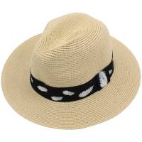 Kebedo Moda Sombrero de Paja para Hombre Mujer Estilo Panamá Transpirable Sombrero de Verano con Cinta Decorativa Estampada Plumas para Playa, Sol y Viaje, Diseño de ala Ancha Unisex, Talla Única Ajustable 58-59CM - details 2