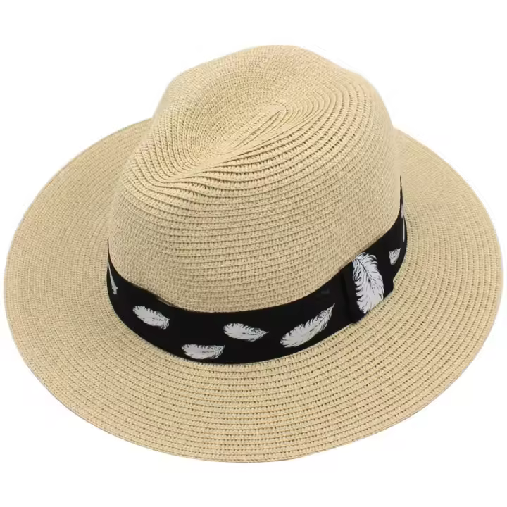 Kebedo Moda Sombrero de Paja para Hombre Mujer Estilo Panamá Transpirable Sombrero de Verano con Cinta Decorativa Estampada Plumas para Playa, Sol y Viaje, Diseño de ala Ancha Unisex, Talla Única Ajustable 58-59CM - 1