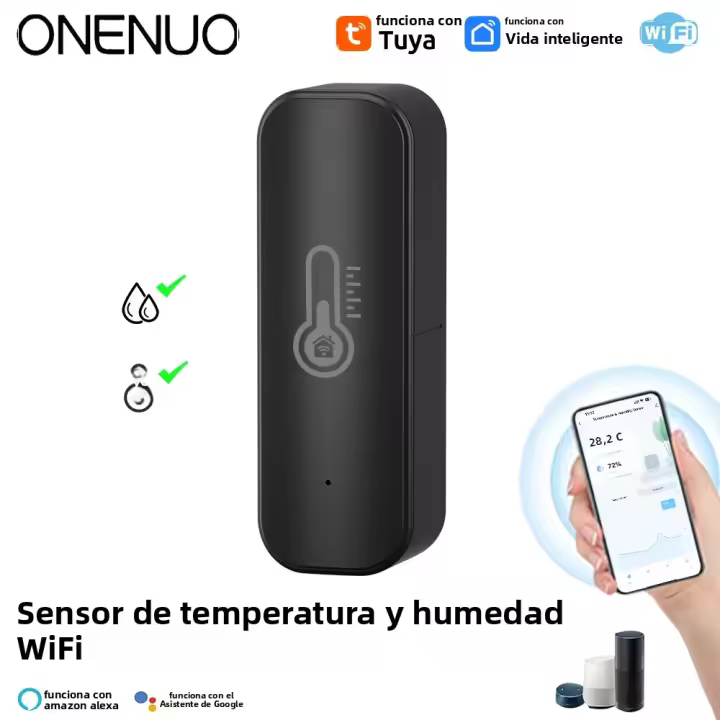 Sensor De Temperatura Y Humedad Inteligente ONENUO Tuya Compatible Con Alexa Monitorización Remota a Través De APP SmartLife Negro - 1