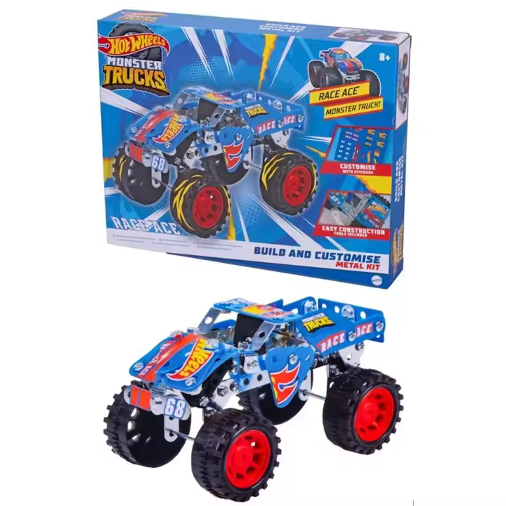 Hot Wheels Juego de Construcción en Metal para Niños Race Ace Monster Truck, Camión de Competiciones, Juguete para Niños y Niñas +8 Años, Regalo Cumpleaños, Comunión, Color Azul - 1
