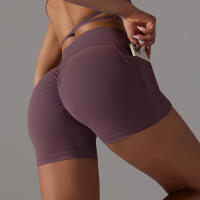 Shorts De Yoga Para Mujer Con Cintura Alta Y Bolsillos Diseño Cruzado Transpirables Y Secado Rápido Para Gimnasio Running Ejercicio - details 6