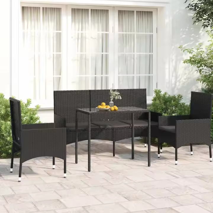 vidaXL Juego de jardín con cojines 4 piezas ratán sintético en color Negro/Negro y blanco | acolchados duraderos para sofás de jardín terraza exterior - 1