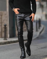 Pantalones De Cuero Para Hombre Estilo Callejero PU Cuero Pantalones Motociclista Primavera Otoño Cintura Elástica Moda 2023 - details 2