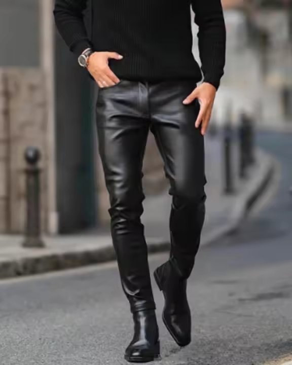 Pantalones De Cuero Para Hombre Estilo Callejero PU Cuero Pantalones Motociclista Primavera Otoño Cintura Elástica Moda 2023 - 1