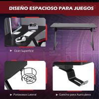 HOMCOM Mesa Gaming 120x65x74,5 cm Escritorio Ergonómico Gaming desk para Computadora PC con Portavasos Gancho para Auriculares y Pies Ajustables Efecto de Fibra de Carbono - details 3