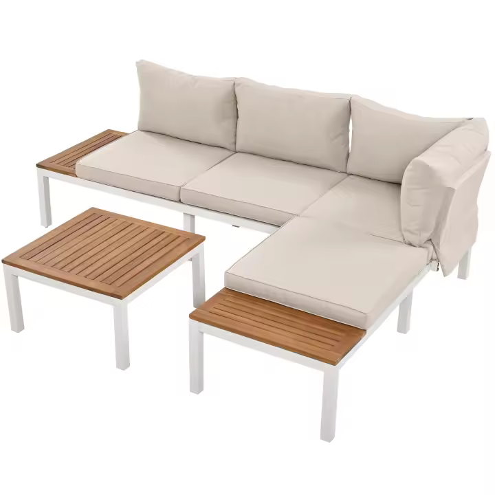 Juego de tumbonas de Jardín, Marco de Maple galvanizado, (2 asientos dos, 2 mesas auxiliares, 1 Mesa), encimera de Madera de Acacia, cubierta de Tela para respaldo, beige - 1