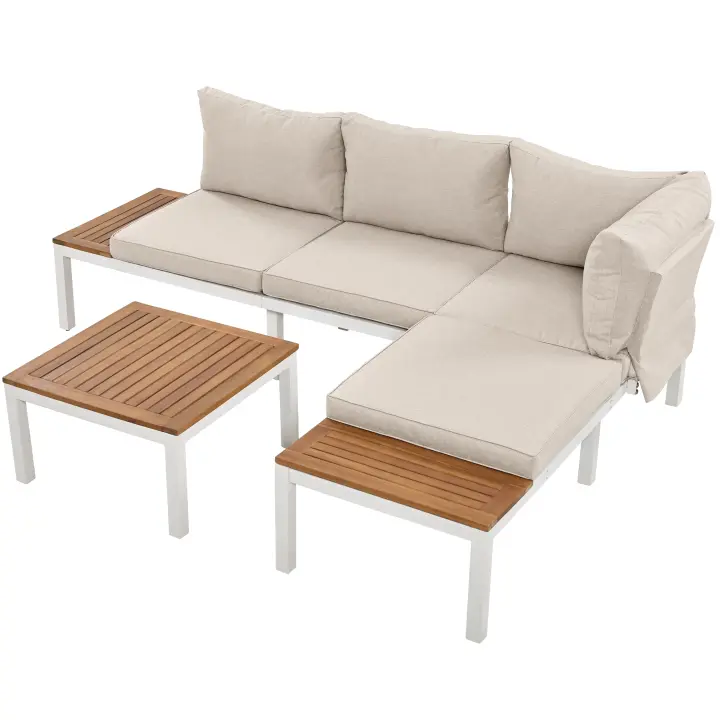 Juego de tumbonas de Jardín, Marco de Maple galvanizado, (2 asientos dos, 2 mesas auxiliares, 1 Mesa), encimera de Madera de Acacia, cubierta de Tela para respaldo, beige - 1