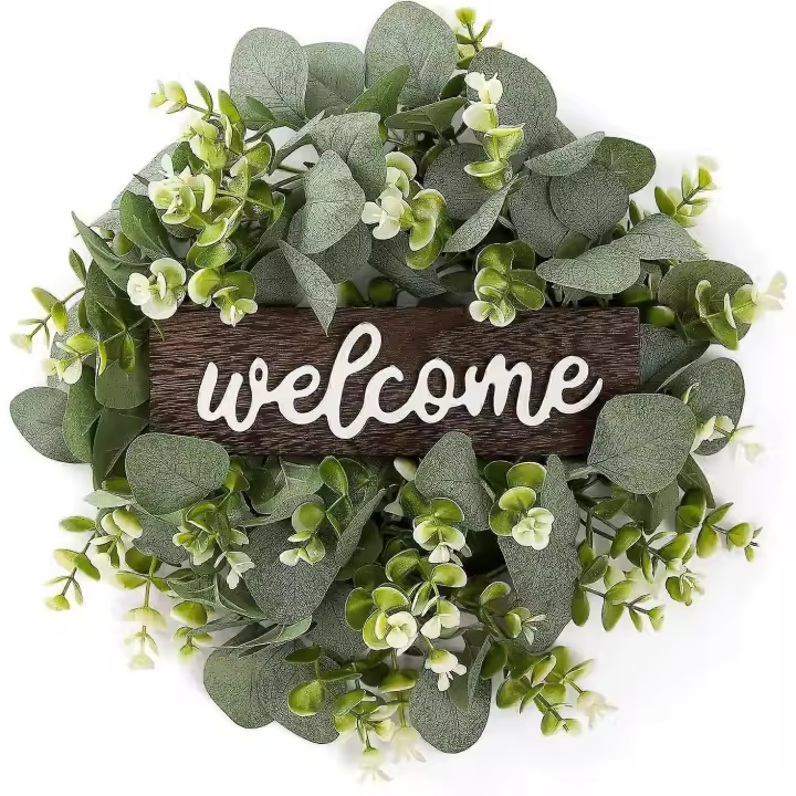 Rama de corona de eucalipto artificial deja guirnalda guirnalda Letrero de bienvenida Puerta de madera Eucalipto costero Decoración de bodas - 1