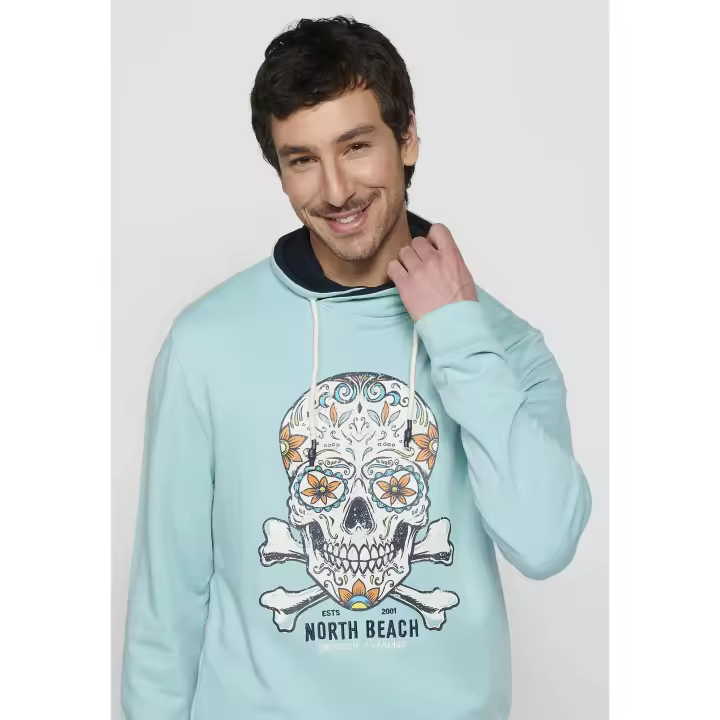 Koroshi Sudadera de manga larga con cuello alto ajustable con cordón y estampado delantero de color azul para hombre | Ropa Casual - 1