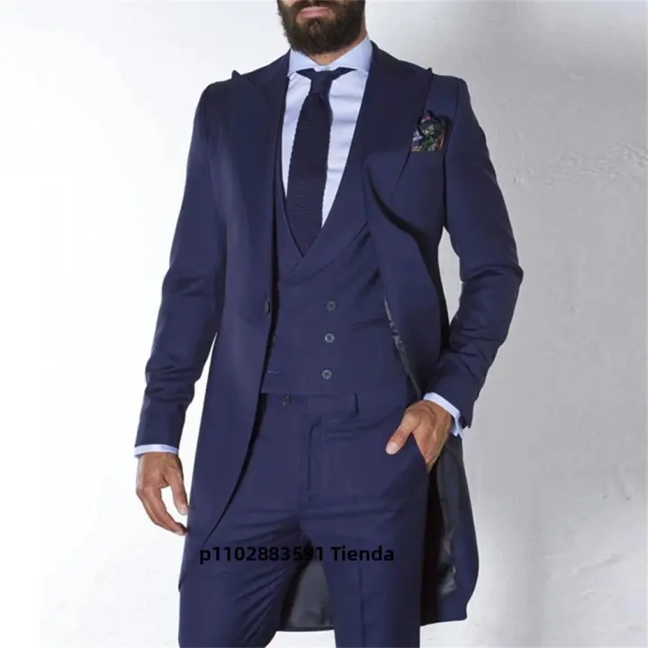 Traje De Novia Azul Oscuro Para Hombres Tuxedo Largo Moda 3 Piezas Traje Personalizado Para Bodas Y Fiestas Formales - 1
