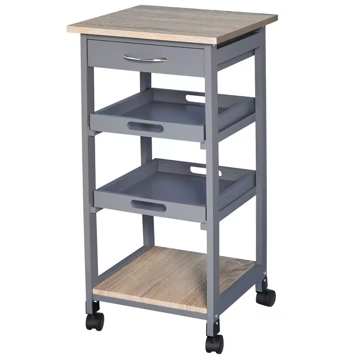 HOMCOM Carro de servicio carro de cocina con ruedas 2 estantes extraíbles, cajón, estante madera de roble claro pino gris - 1