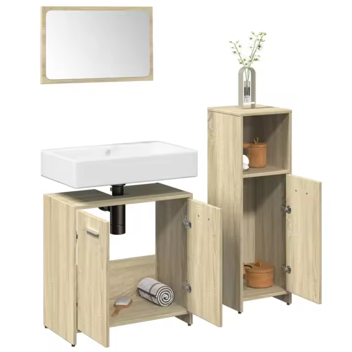 vidaXL Set de muebles de baño 3 pzas madera contrachapada en color Gris sonoma/Negro/Blanco brillante y más | almacenamiento funcional diseño moderno para baño dormitorio sala - 1