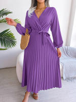 Vestido Largo Elegante Para Mujer Con Cuello En V Manga Larga Pleated Maxi Con Cinturón Estilo Casual De Pierna Larga - details 46