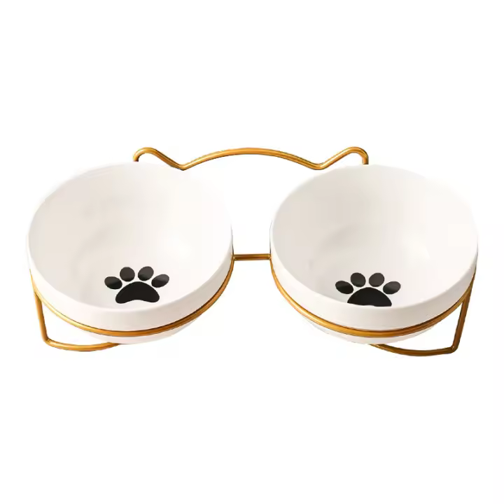 Tazón De Cerámica Para Gatos Y Perros 500ML Con Soporte Elevado Alimentos Y Agua Dispensador Accesorios Para Gatos Tazón Doble De Forma Redonda - 1