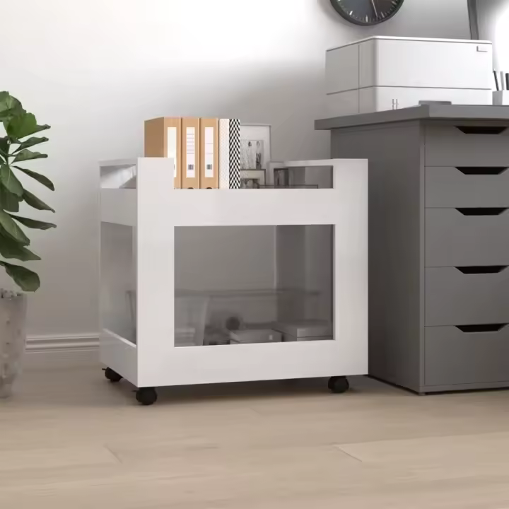 vidaXL Carrito de escritorio madera contrachapada 60x45x60 cm en color Blanco/Blanco brillante/Roble ahumado y más | estructura resistente ideal para salón dormitorio o estudio - 1