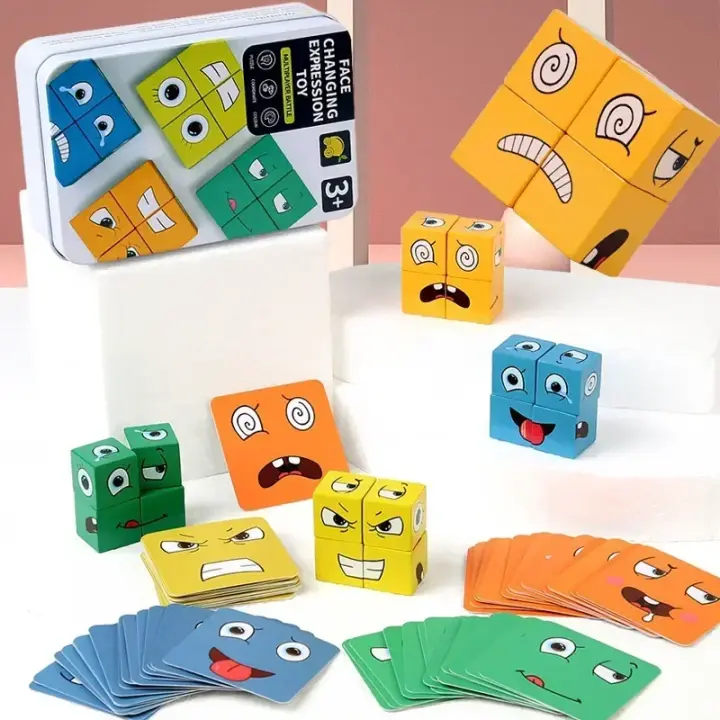 Bloques De Madera Educativos Para Niños Juego De Tablero 3D Cambio De Cara Cubo De Expresión Montessori Juguetes Interactivos Para Niños Y Niñas - 1