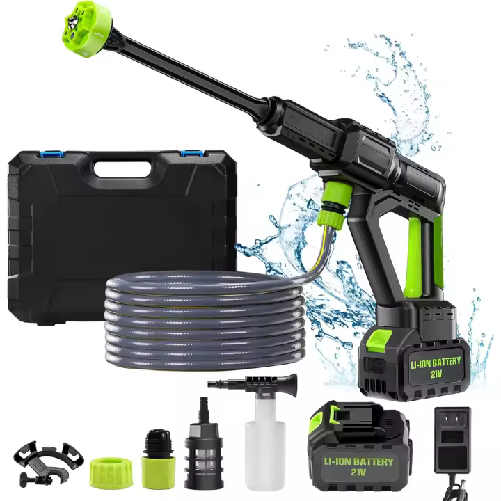 Hidrolimpiadora Portátil 80 BAR (1160 PSI) - Motor Sin Escobillas - 6 en 1 con Espuma Activa - Batería 4.0Ah (60 min) - 3 Velocidades｜Para Auto/Suelos｜IPX5 - Plegable - 1