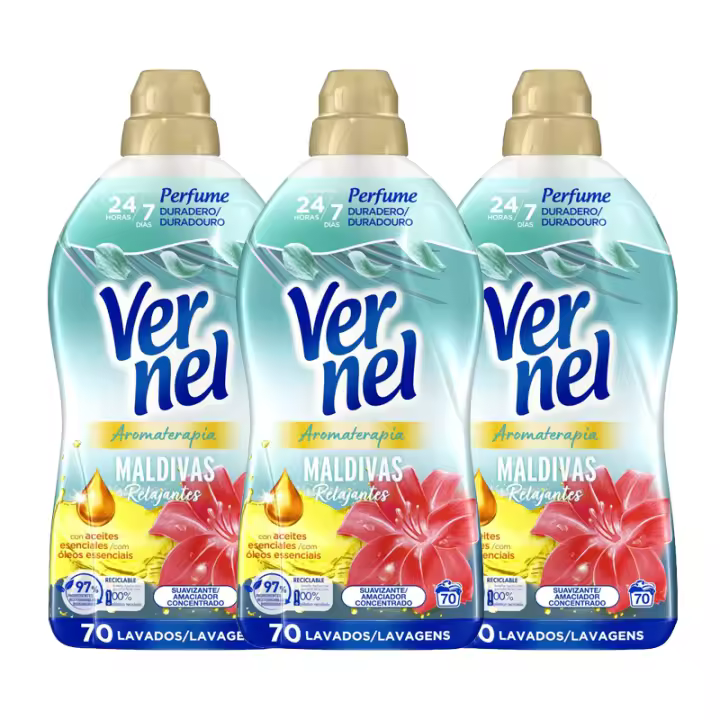 Vernel Suavizante Concentrado Aromaterapia Maldivas – Pack 3x70 (210 Dosis) | Perfume Duradero hasta 200 Días, Ropa Suave y Protegida, Facilita el Planchado - 1