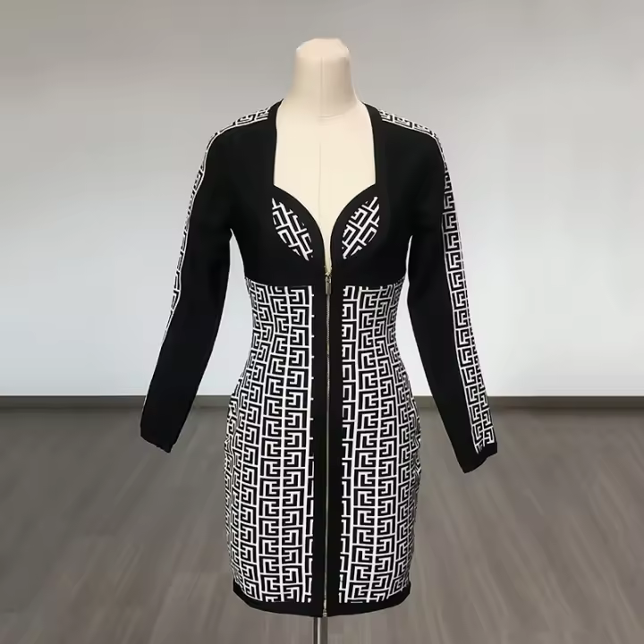Vestido Bandage De Encaje Negro Para Mujer Manga Larga V-Neck Bodycon Elegante Con Cierre De Cremallera Ajustado Cintura Imperio BA351 - 1
