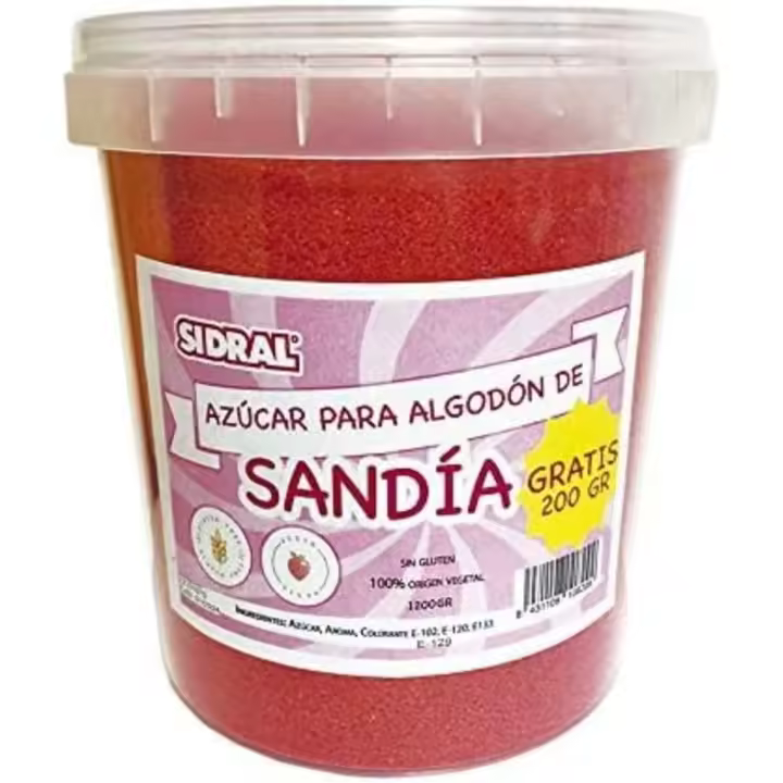 SIDRAL Sandía - Algodón de Azúcar 1200 gr (200gr. GRATIS) - Azúcar Aromatizado de Sandia Natural - Azúcar de Sandia - Ideal para Postres - 1