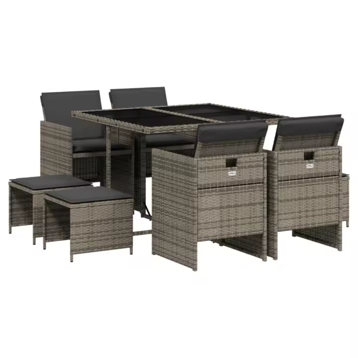 vidaXL Set comedor jardín 9 pzas y cojines ratán sintético gris - 1