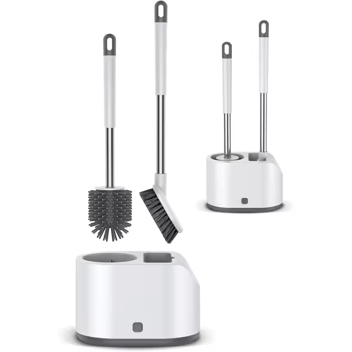 Silicone Toilet Brush and Bracket, Set of 2 Pieces with Pair Holder and Quick Dry Set, Bathroom Accessory, Stain, Floor Door, Bristle Set, Removable Handle - 1