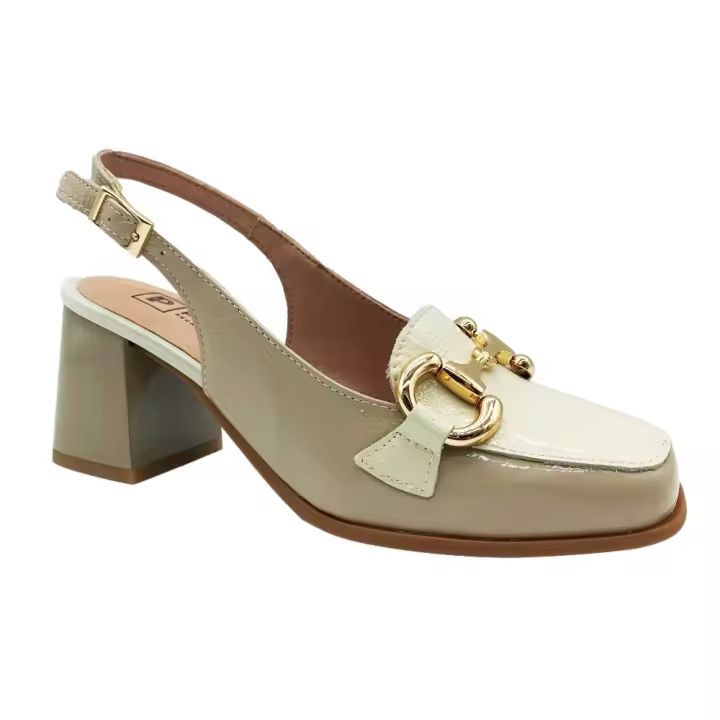 Pitillos - Salones Destalonado Mujer - Mocasín Descubierto del Talón - Piel Charol - Tonos Piedra y Beige Claro - Planta Acolchada - Suela de Vestir - Tacón Ancho Alto 7.5 Cm - Elegancia y Comodidad - Calzado Español - 1