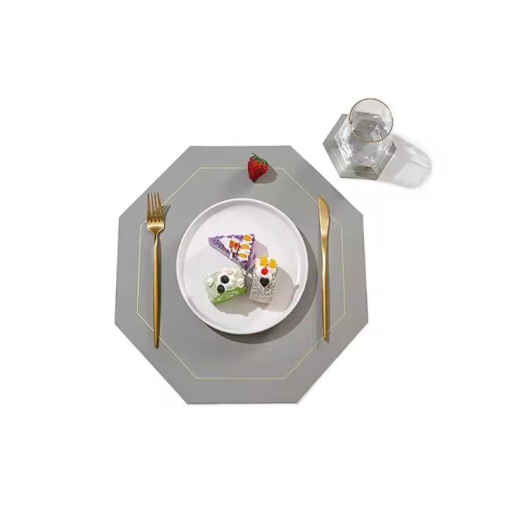 Juego de 4 Manteles Individuales y 4 Posavasos de Cuero PU, Color gris - Antideslizantes, Hexagonales, Limpiables e Impermeables N / - 1