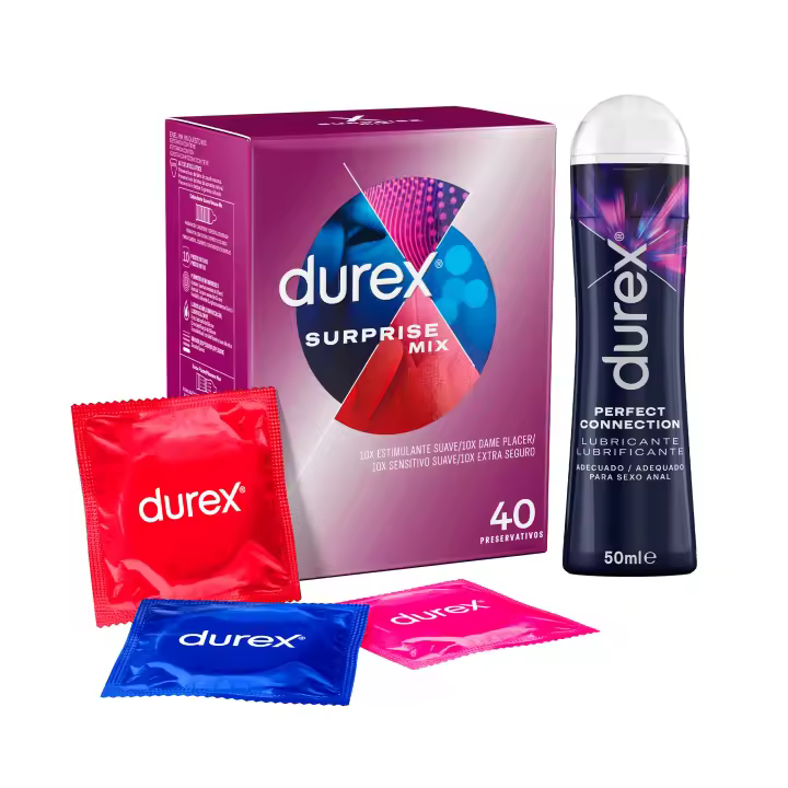 Durex - Surprise Mix 40 Condones Surtidos + Lubricante Perfect Connection 50 ml, Sensitivo Suave, Extra Seguro y Estimulante Suave - 1