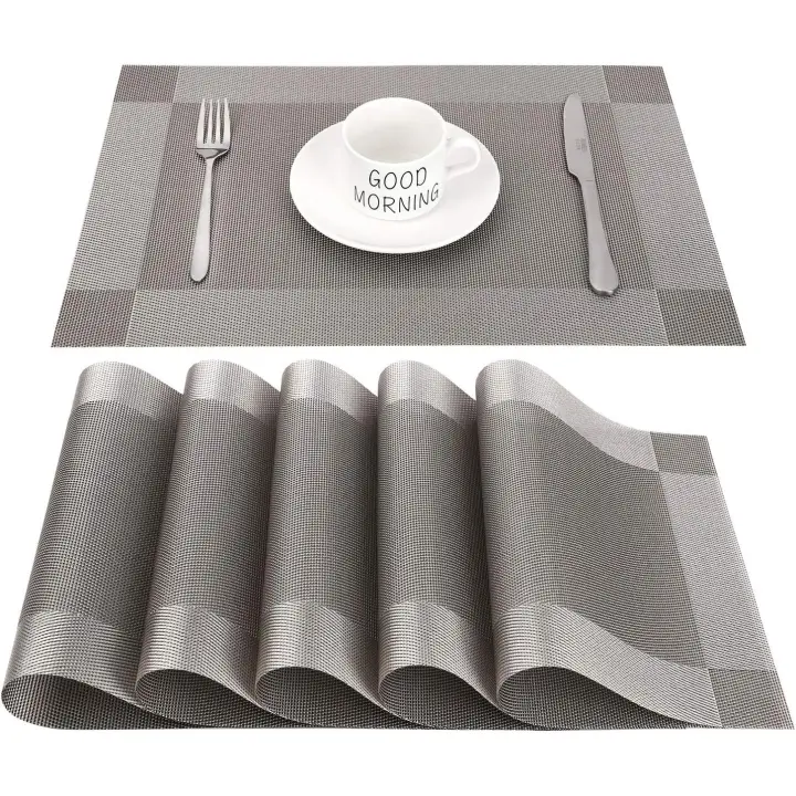 Juego de 6 manteles individuales, fáciles de limpiar, antideslizantes, resistentes al calor, para mesa de comedor, lavables, de textil, 45 cm x 30 cm (Gris y Plisado) - 1