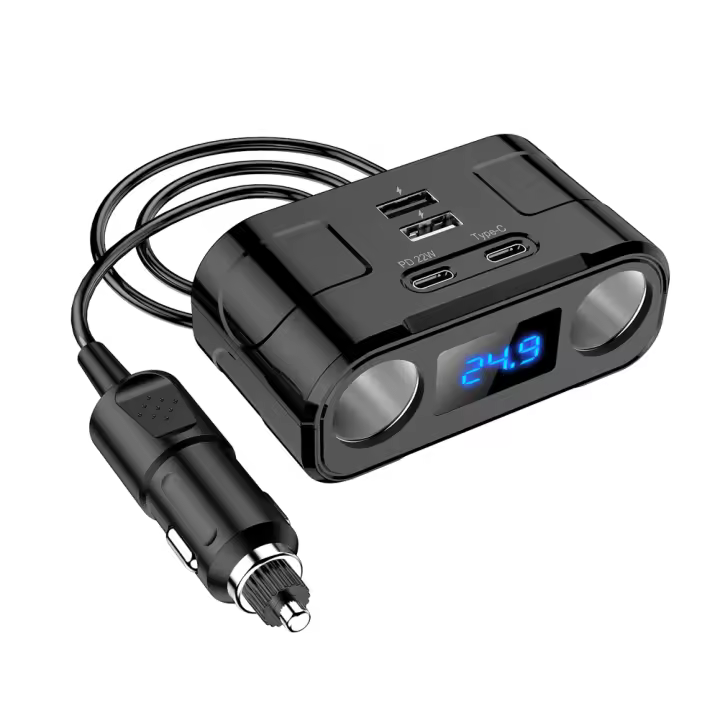 Adaptador De Cargador De Coche Con Dos Oquedades De Encendedor De Coche PD 22W QC3.0 Splitter De Encendedor De Coche ABS Y PC Con Pantalla De Voltaje Digital - 1