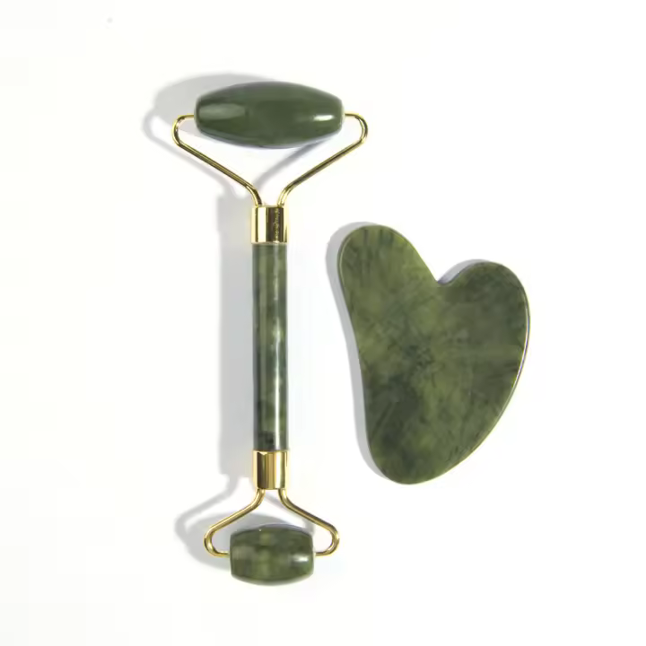 Set Gua Sha y Rodillo Jade Auténtico. Masajeador Facial y Corporal para Yoga Facial y Cuidado de Piel, Piedra Jade Natural para Masaje Antiarrugas, Antiojeras, Skincare y Tonificación. - 1