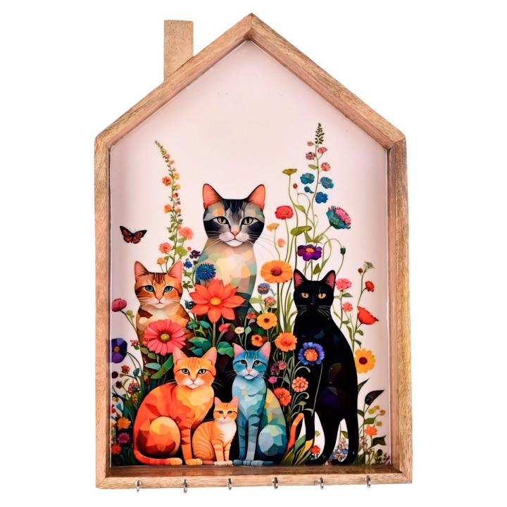 Signes grimalt wooden house wall keychain with cats and flowers 38 cm