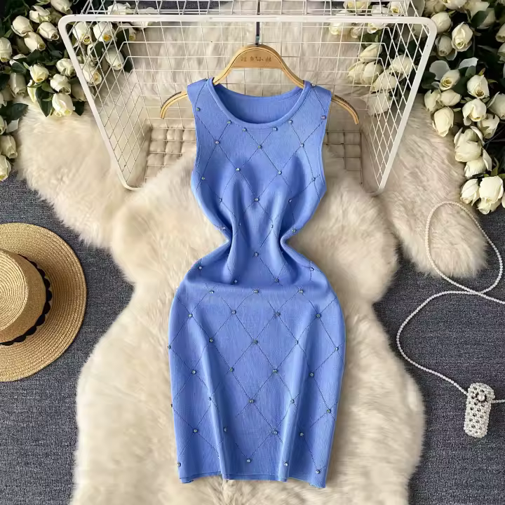 YuooMuoo Mini Vestido De Encaje Con Perlas Para Mujer Verano Sin Mangas Slim Fit Estilo Callejero Vestido De Hombros Vestido De Cintura Imperio - 1