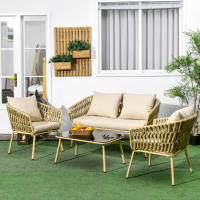 4 piezas Juego de muebles de Jardín de rata Juego de muebles Con 1 Mesa de café 2 sofás 1 sofá 2 plazas Juego de Jardín con almohadas Kaki para Terraza y Jardín - details 0