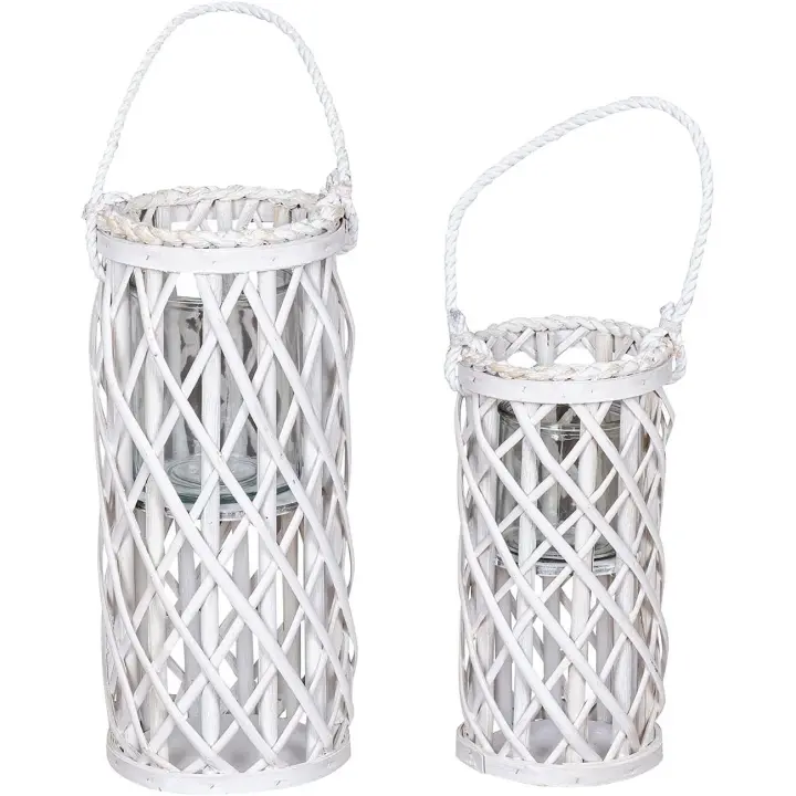 Gerimport Farolillos Portavelas Blancos de Madera de Sauce Trenzada - Decoración de Jardín - 1