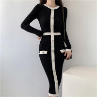 Vestido De Suéter Para Mujer 2024 Otoño Invierno Manga Larga Elegante Color Negro Midi Patchwork A-Line Estilo Casual - details 5