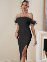 Vestido Bandage Bodycon De Hombros Descubiertos Con Pelusa Para Fiesta De Coctel Vestido De Mujer Elegante De Cintura Alta Y Corte Slim - details 10