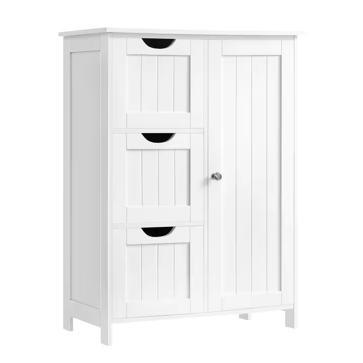 VASAGLE Armario de Baño, Mueble de Baño Estrecho, Cómoda de Baño, Cajonera con 3 Cajones, Armario con Puerta, Estante Ajustable, 30 x 60 x 81 cm, Blanco Nube/Gris Paloma - 1