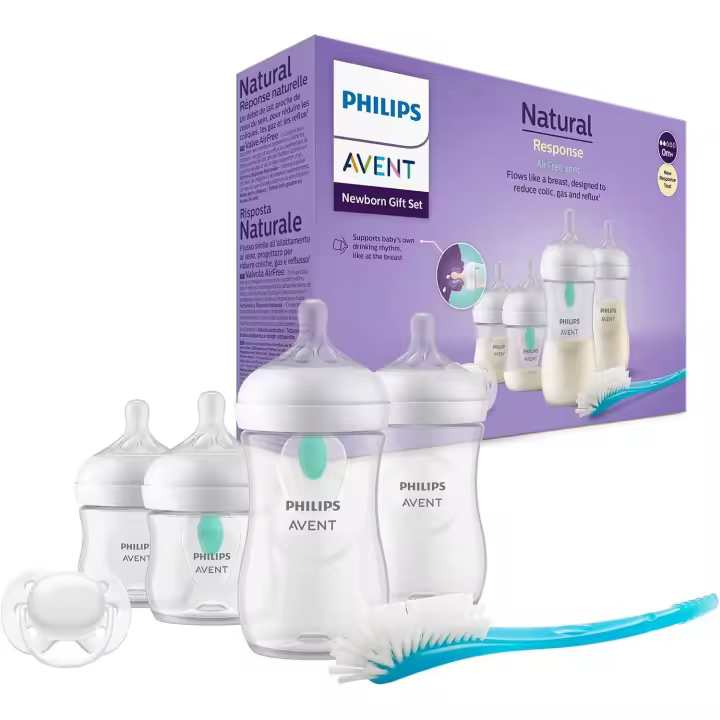 Philips Avent Set Pack 4 Biberones con Sistema AirFree (2 Biberones 125ml + 2 Biberones 260ml), Regalo para Recién Nacidos, Enganche Natural, sin BPA, Reduce los Cólicos, Chupete Ultra Soft y Escobilla, de 0-12 Meses - 1