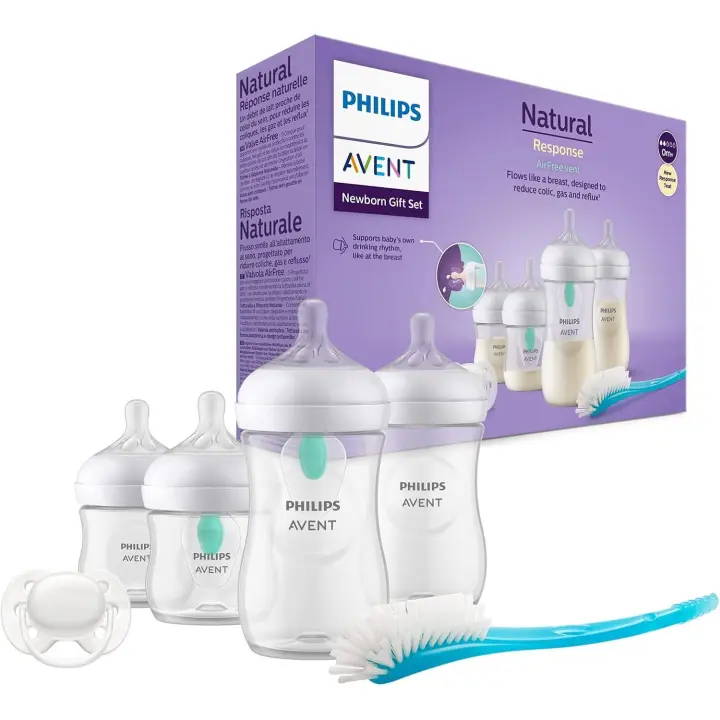 Philips Avent Set Pack 4 Biberones con Sistema AirFree (2 Biberones 125ml + 2 Biberones 260ml), Regalo para Recién Nacidos, Enganche Natural, sin BPA, Reduce los Cólicos, Chupete Ultra Soft y Escobilla, de 0-12 Meses - 1