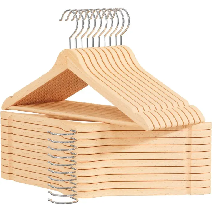 Perchas Madera, Acabado Liso y Barnizado, para Organizar Ropa, en tu armario Gancho Giratorio 360 color natural de calidad surtido de cantidad a elegir - 1