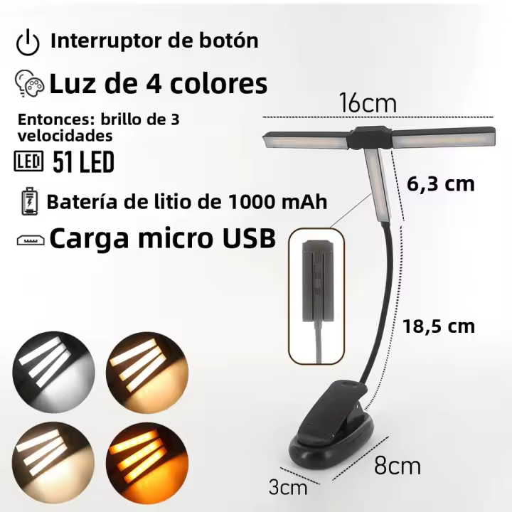 Lámpara De Lectura LED Tri-Head Clip 51 LEDs Recargable USB 1000mAh 4 Colores Luz Nocturna Para Libros Protección Ocular Para Dormitorio - 1