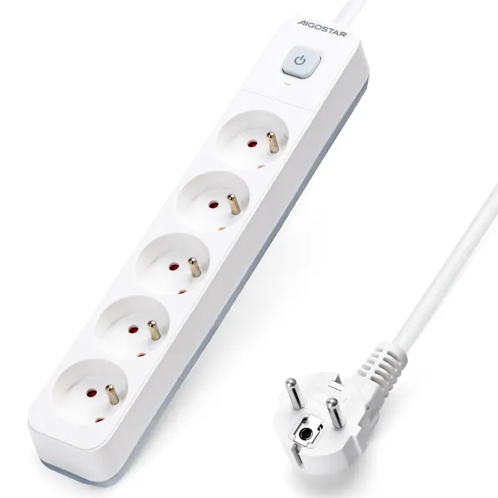 Aigostar Regleta alargador de 5 Tomas con Interruptor y Protección Infantil, 3/5 M, Francés, Blanco, 16A 250V - 1