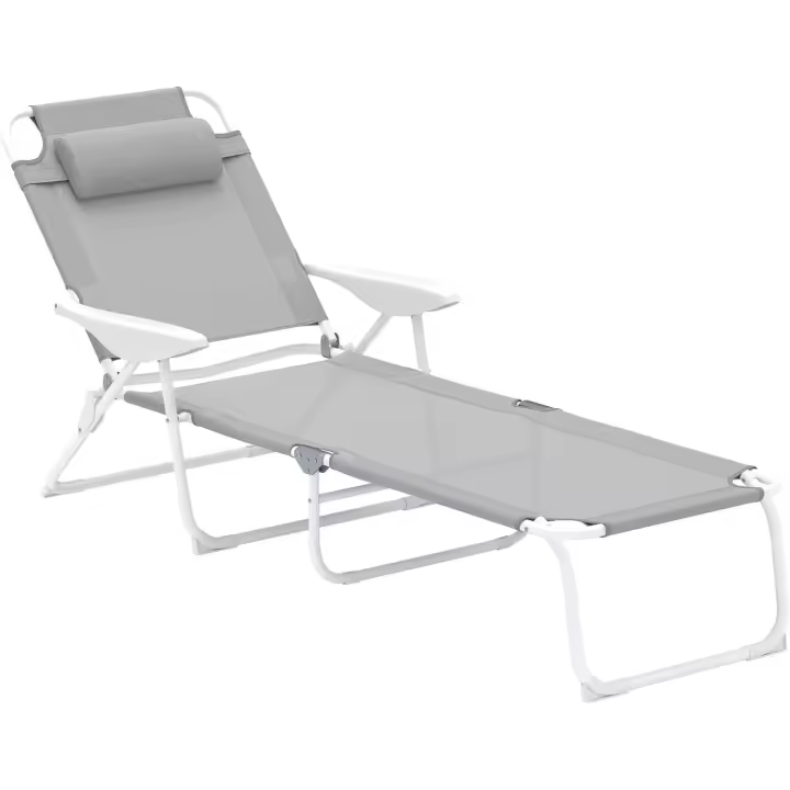 Tumbona Plegable Tumbona Jardín Exterior con Respaldo Ajustable Reposacabezas Extraíble y Estructura de Metal Carga 120 kg para Terraza Piscina Playa 160x66x98 cm Gris - 1