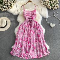 Vestido Largo De Verano Romántico Con Estampado Floral Vintage Vestido De Playa Con Cintura Alta Y Tirantes Spaghetti Para Mujer - details 0