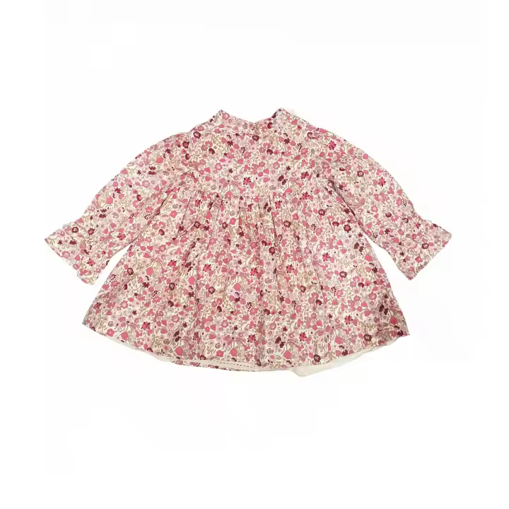 Petit Alo - Vestido para Bebé Rosa Nido de Abeja Manga Larga Vestido Elegante para Bebé Algodón 100% - 1